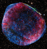 A composite image of the supernova remnant SN 1006. Credit: X-ray: NASA/CXC/Rutgers/G.Cassam-Chenaï, J.Hughes et al.; Radio: NRAO/AUI/NSF/GBT/VLA/Dyer, Maddalena & Cornwell; Optical: Middlebury College/F. Winkler, NOAO/AURA/NSF/CTIO Schmidt & DSS